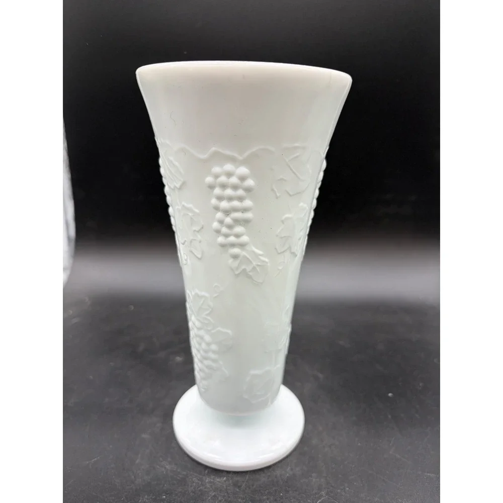 Vintage Milk Glass Vase White Embossed‎ Grape Harvest Pattern Pedestal Base